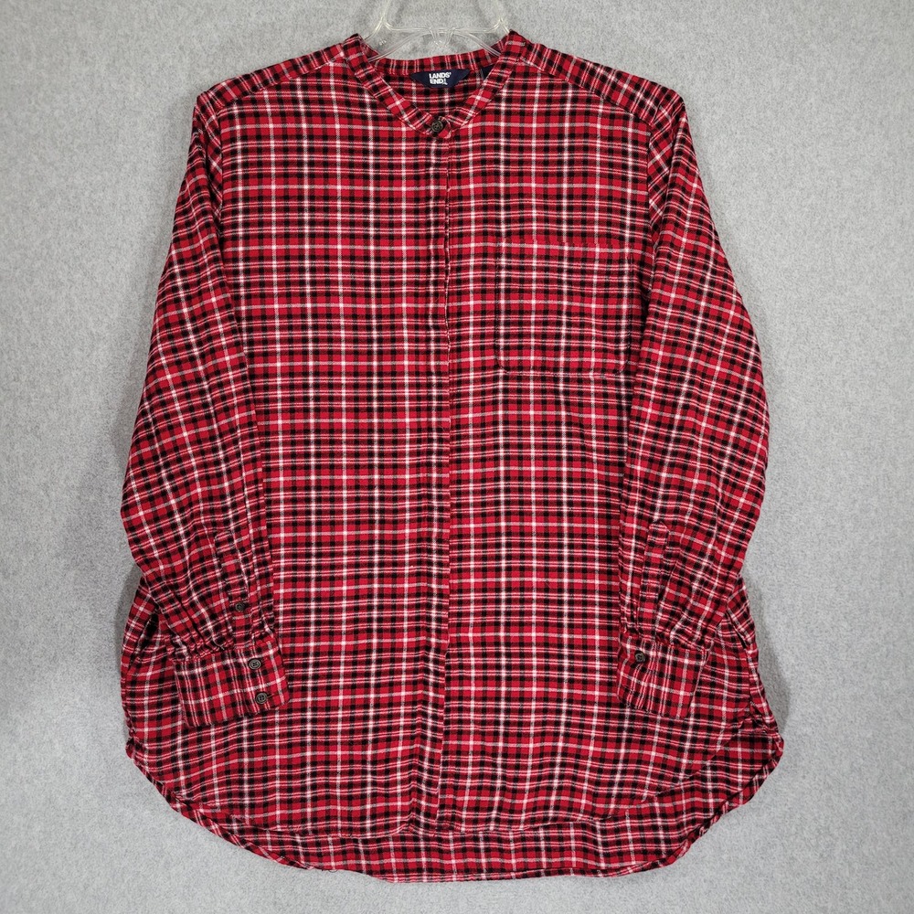 Lands' End Flannel A-Line Tunic Top Womens XL Pockets Long Sleeve Plaid